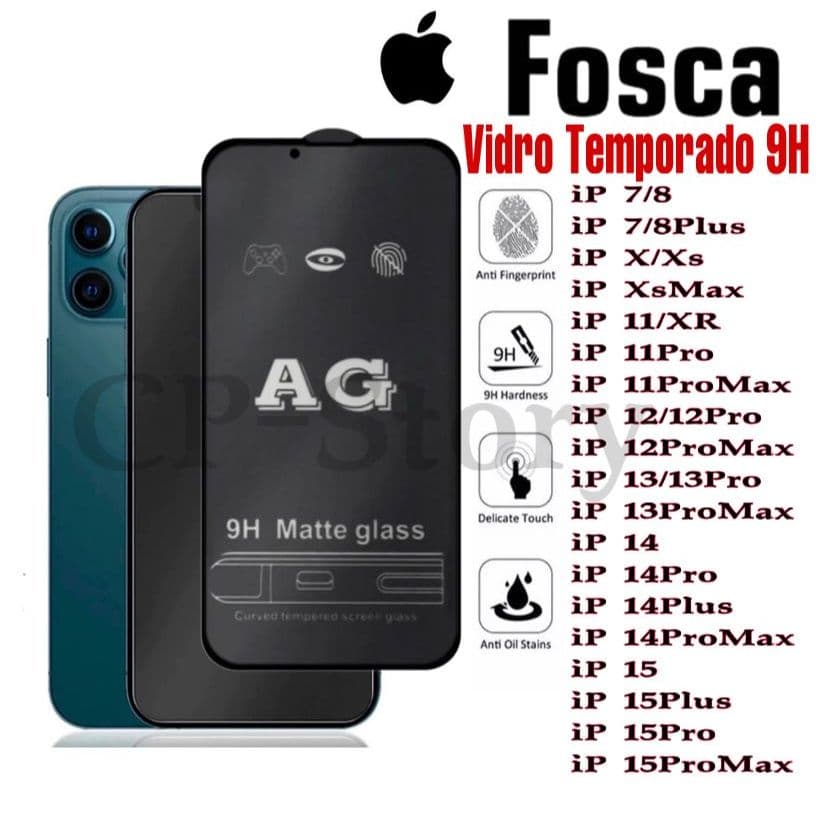 Película AG Fosca de Vidro Á prova da Água iPhone X/ XS/ XS Max/ XR/ 11 Pro/ 11 Pro Max/ 12/12 Pro/ 12 Pro Max/ 13/ 13 Pro/ 14 15 Max Plus Pro Pro Max