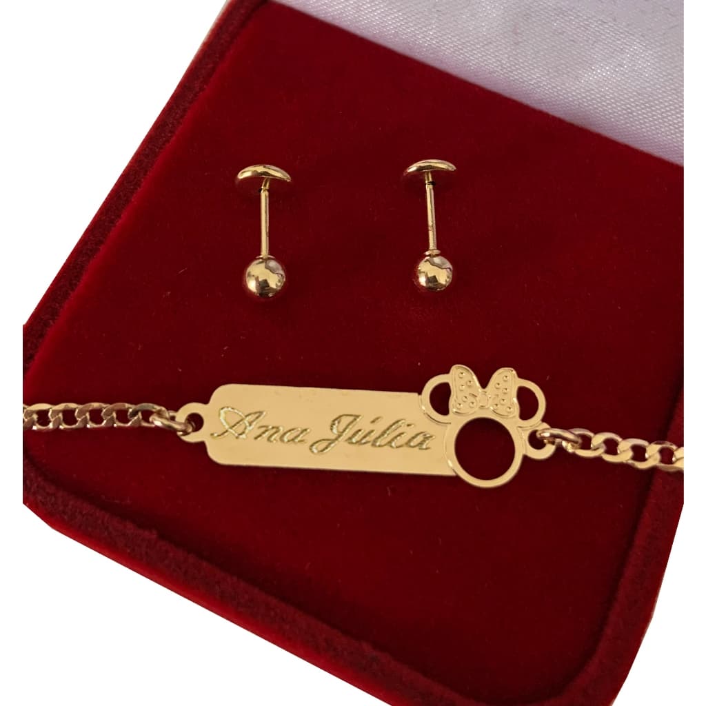 Kit Pulseira Nome + Brinco Infantil Antialergico Folheado a Ouro 18k C/ Garantia