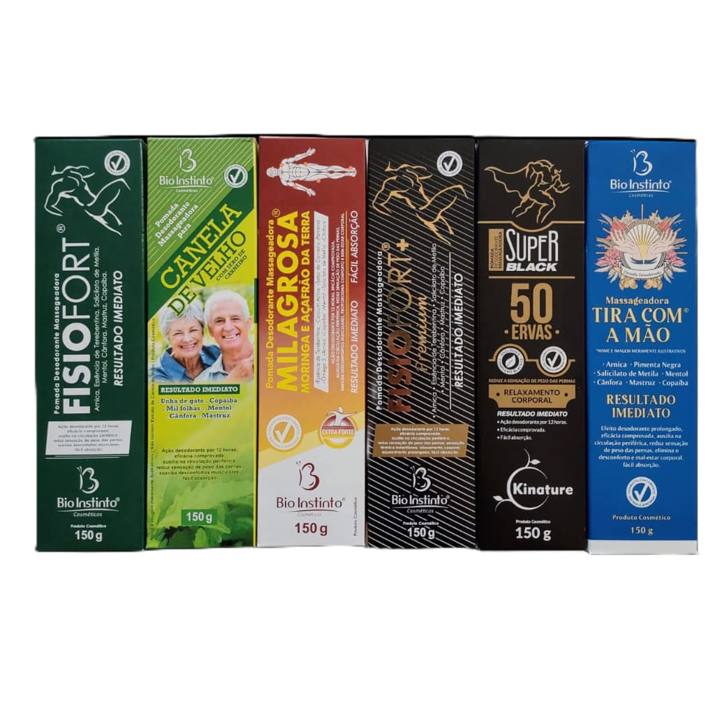 Kit com 6 Pomadas Massageadoras 150g Bio Instinto - Fisiofort - Canela de Velho - Milagrosa - Fisiofort+Premium - Super Black 50 Ervas - Tira Com a Mão