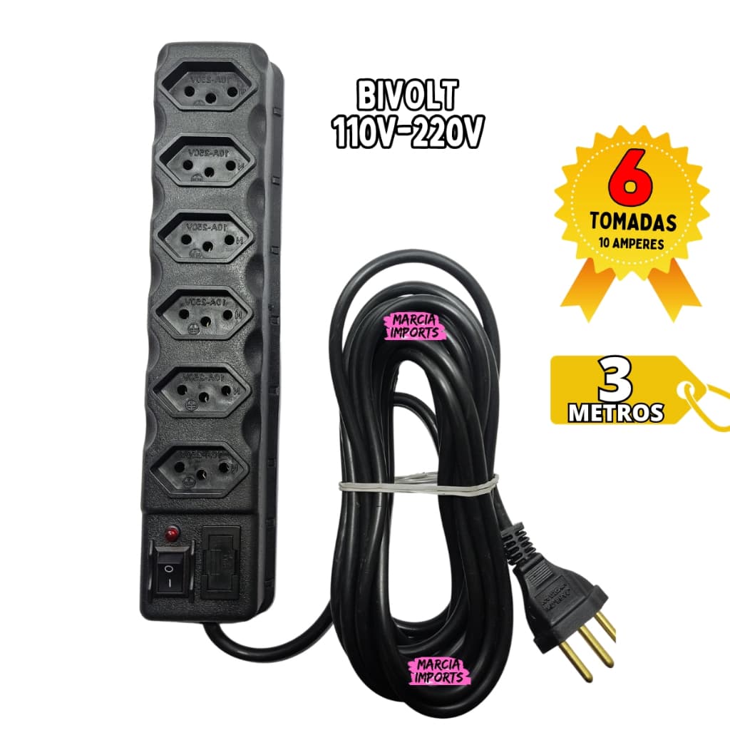 Filtro de Linha RÉGUA DE TOMADAS 6 TOMADAS tripolar 10 Amperes 3 METROS com fusível Pronta Entrega
