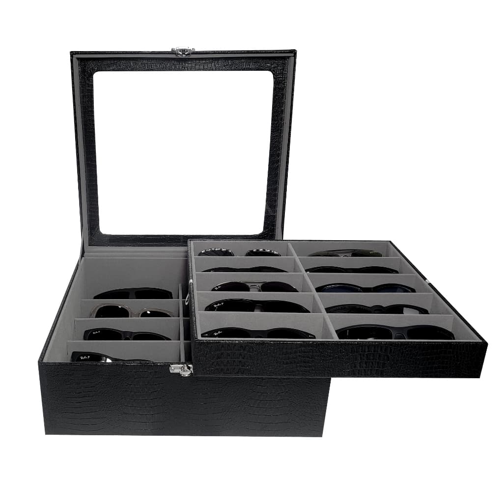 Estojo Duplo Para 20 Óculos Preto Com Interno Cinza