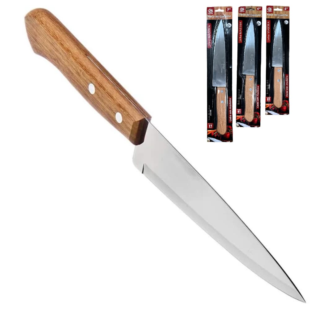 Faca de Cozinha Aço Inox Cabo de Madeira Carne Salada Legumes Churrasco