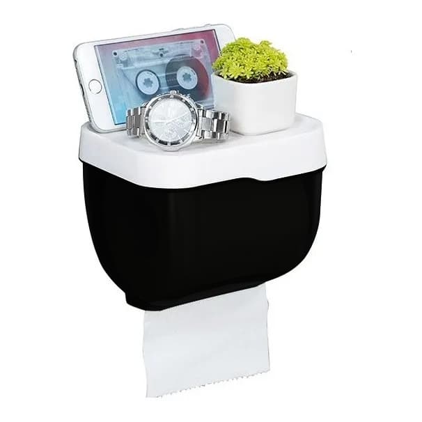 Suporte De Papel Higiênico Rolos Lenços Umedecido Luxo Suporte Celular Preto