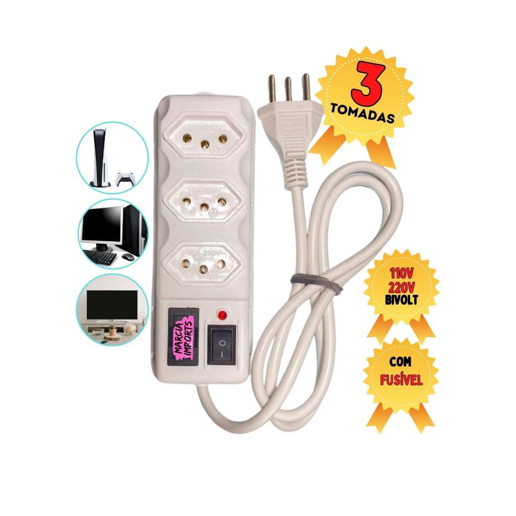 Filtro de Linha com 3 Tomadas Branco Bivolt Regua Eletrica 10A