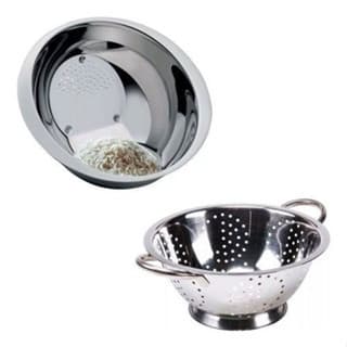 Kit Conjunto Escorredor De Massa e Macarrão 24cm com Alça em Inox + Lavador de Arroz 26cm em Inox