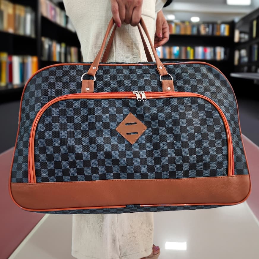 Grande Mala de Viagem Impermeável em Couro Sintético de Bordo Forrada Bege Caramelo Preta  10KG