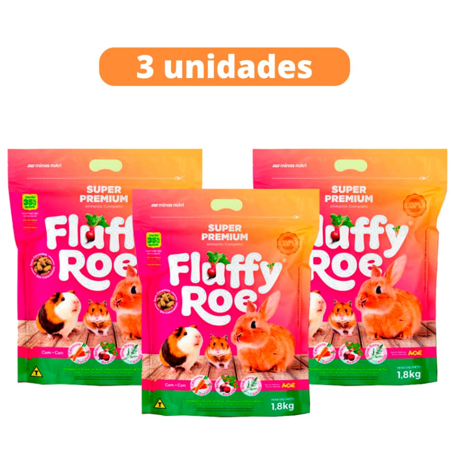 Kit C/ 3 Unidades Ração Para Coelhos e Roedores Fluffy Roe - 1.8Kg Super Premium Minas Nutri