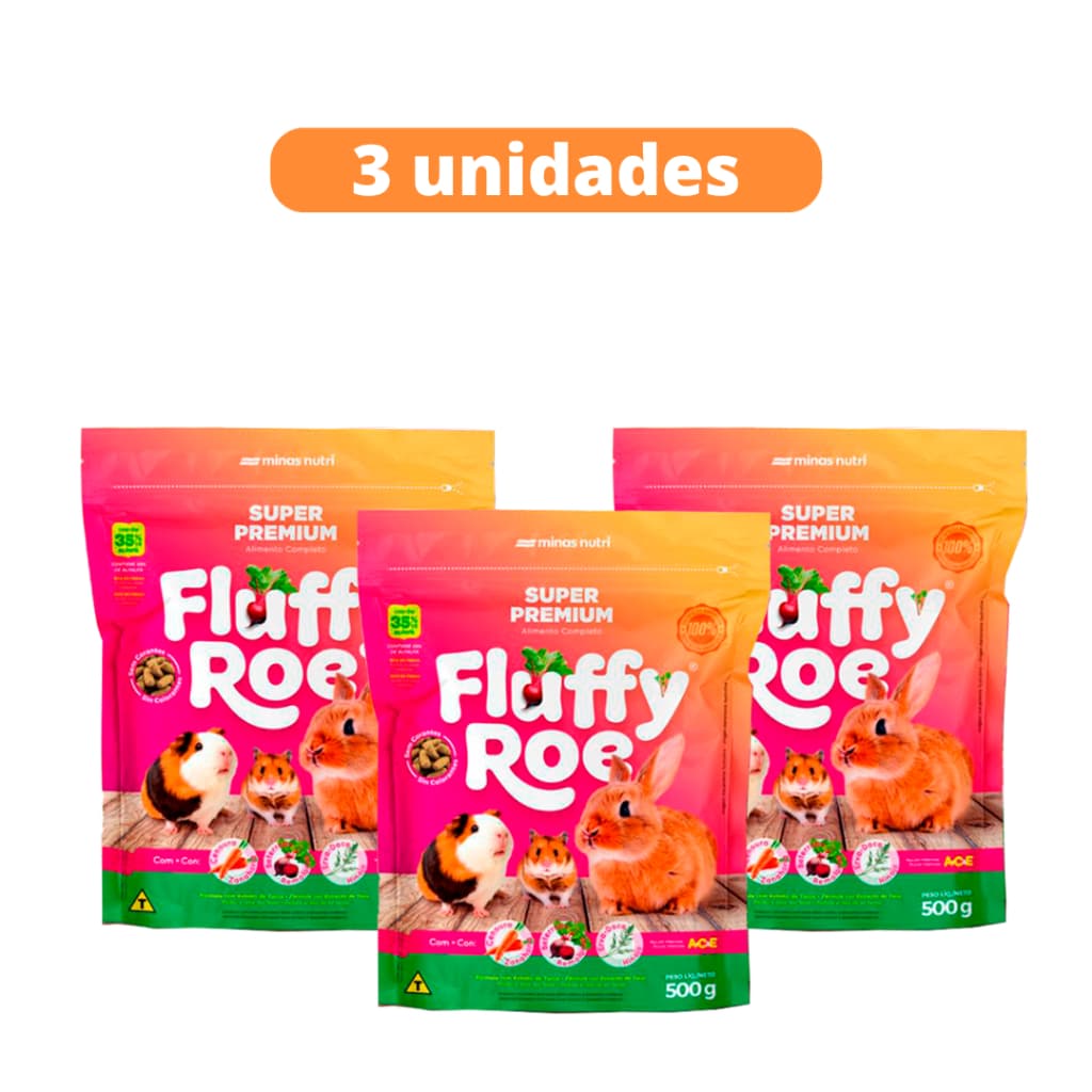 Kit C/ 3 Unidades Ração Para Coelhos e Roedores Fluffy Roe - 500g Super Premium Minas Nutri
