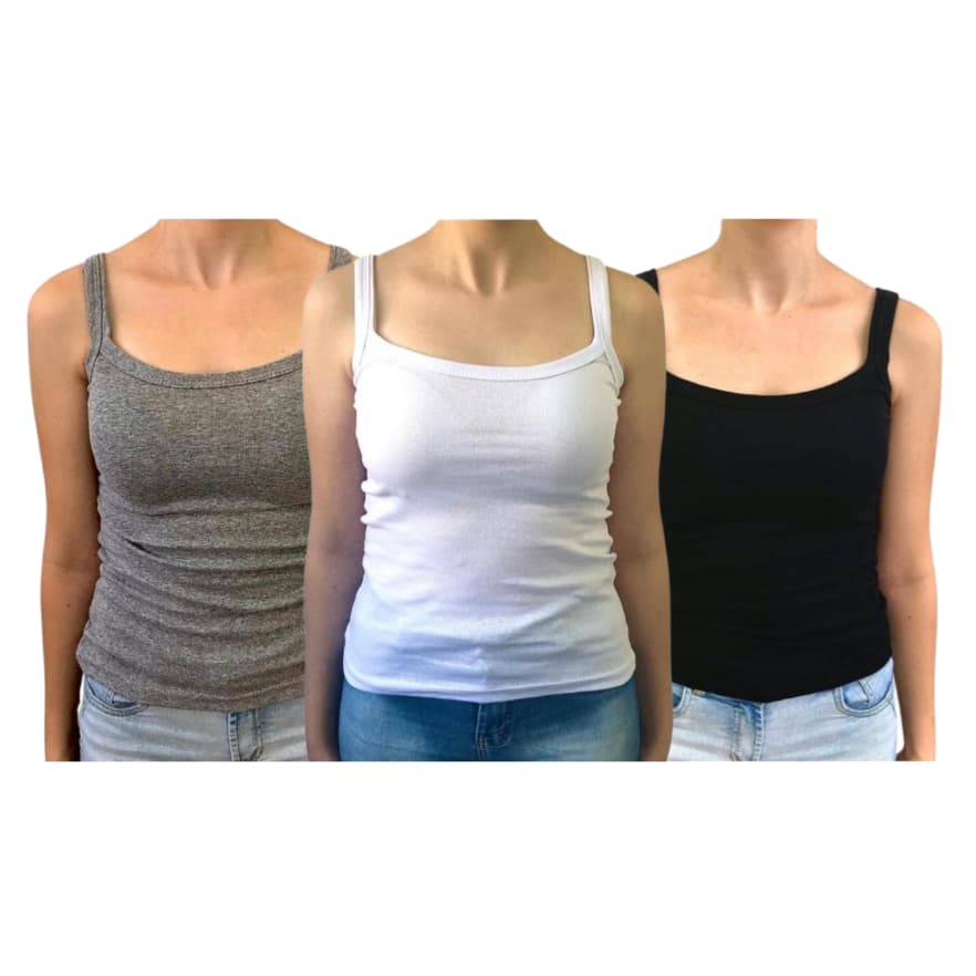 Kit 3 regatas alcinhas PRETO, BRANCO, CINZA MESCLA 96% algodão 4% elastano