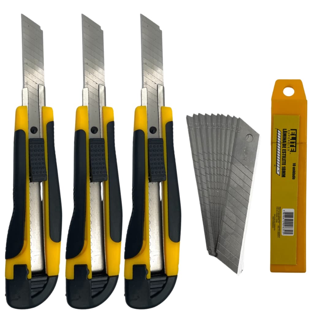 3 Estilete Emborrachado 18mm Com Trava E Cabo Emborrachado + 10 Lâminas De Estilete De Alta Precisão