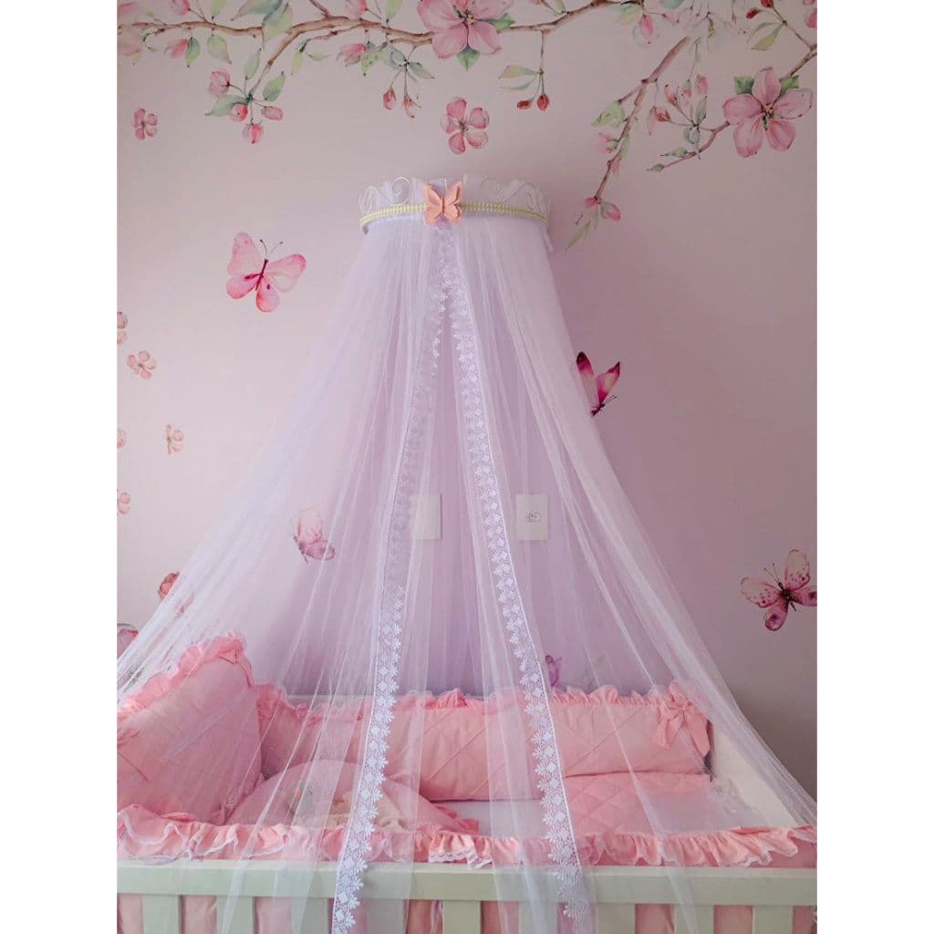 Dossel Perolas  Branco e Borboleta Rosa + Mosquiteiro Incluso