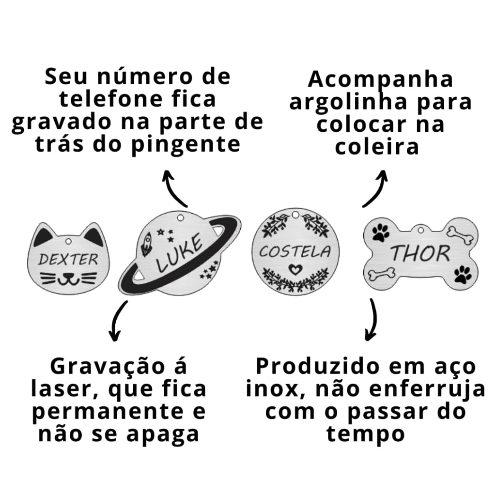 Pingente Pet Personalizado Coleira para Cachorro Gato Gravação Permanente