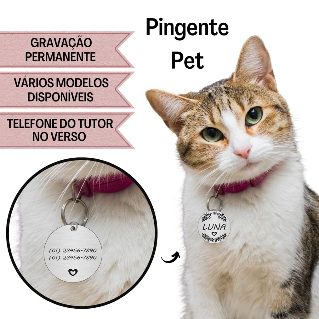 Placa de Identificação Pet Plaquinha Pingente Cachorro Cão Gato Inox personalizado