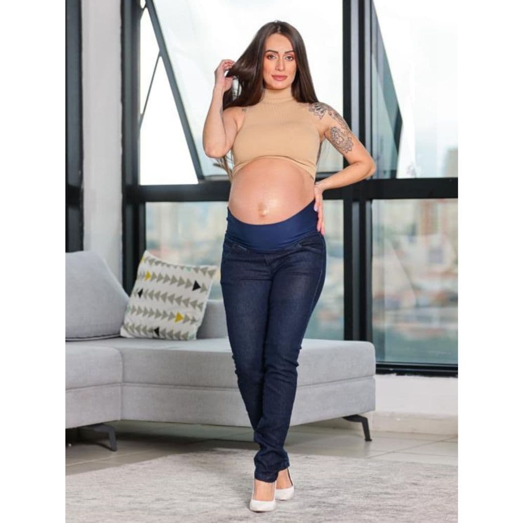 Calça Jeans Grávida Gestante Com Cós Confortável Elástico Suplex Na Cintura Grávida Conforto Máximo