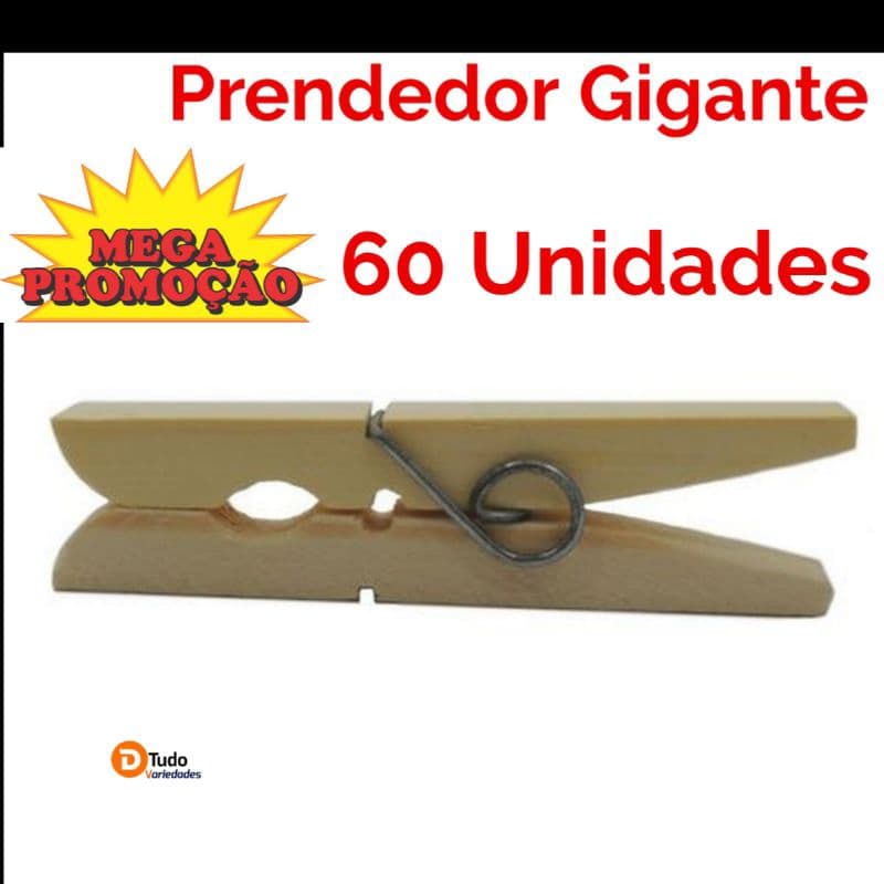 Prendedor de Roupas, Madeira, Gigante, 60 Unidades