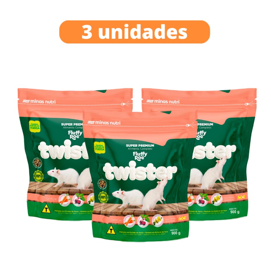 KIT C/3 Ração Fluffy Roe Twister - 900g Super Premium Minas Nutri