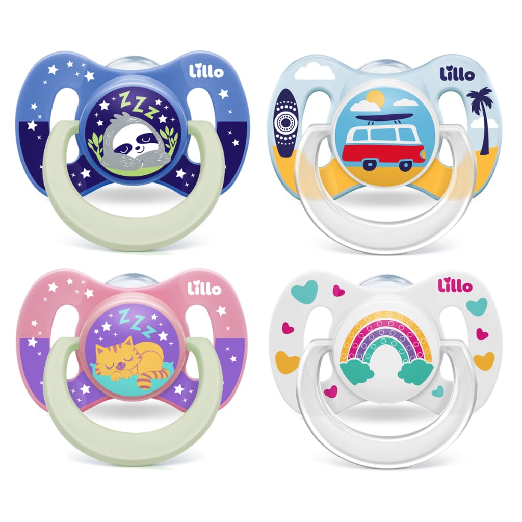 Kit Chupetas Ortodônticas Lillo Funny Bico Silicone +6 Meses Dia e Noite Brilha no Escuro 2 Unidades