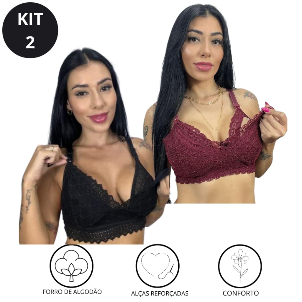KIT C/ 2 Sutiã de Amamentação Reforçado em Renda com Regulagem Gestação Pós Parto
