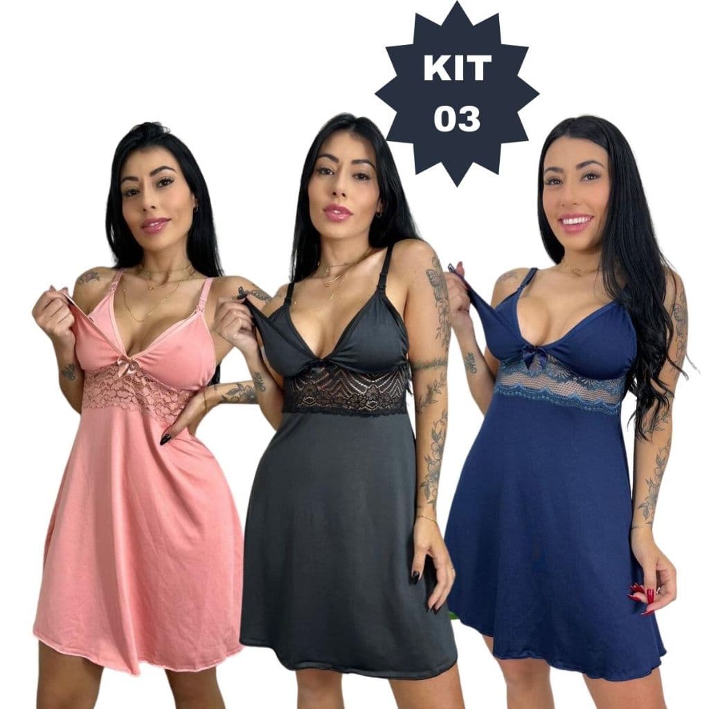 KIT 03 Camisolas Amamentação com Detalhe em Renda Saída Maternidade Grávida Gestante Lactante.