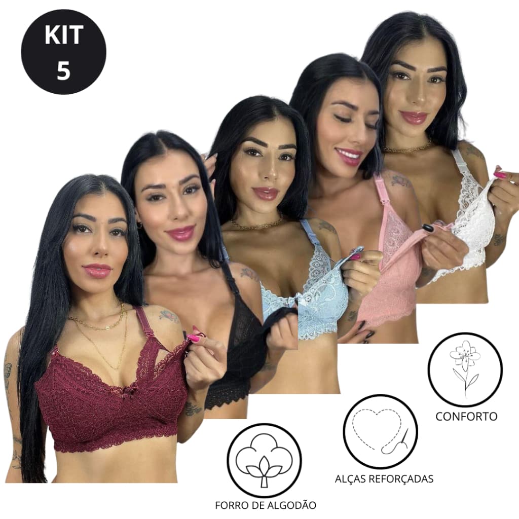 KIT C/ 5 Sutiã de Amamentação Reforçado em Renda com Regulagem Gestação Pós Parto