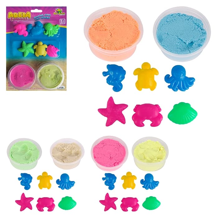 KIT 2 MASSINHA AREIA MAGICA INFANTIL MODELADORA COLORIDA/DIVERTIDA + 6 FORMINHAS