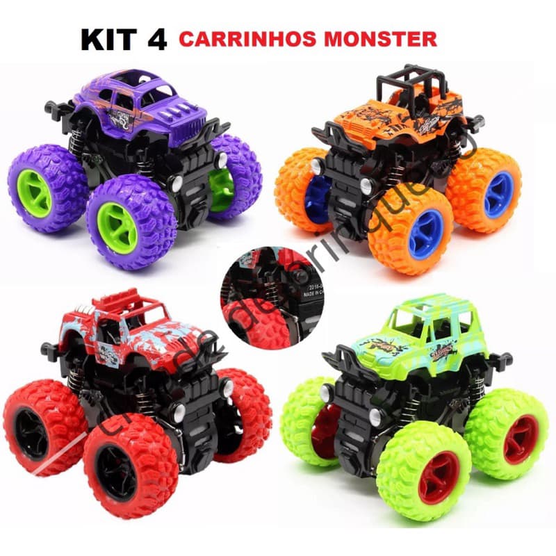 Um conjunto de quatro mini caminhonetes monster fricção e com , será enviado aleatoriamente.