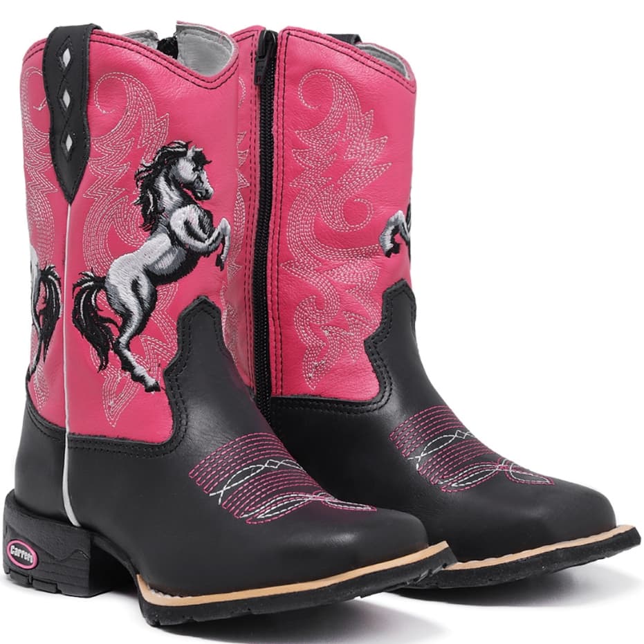 Bota Texana Infantil Meninas em Couro Bico Quadrado com Zíper