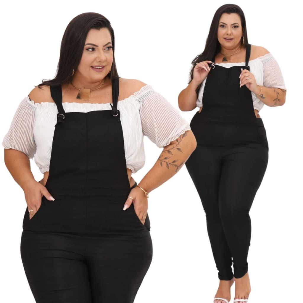 Jardineira Feminina Macacão Longa Plus Size Bengaline Moda Maior Grande Bolso Estica com elastano GG G1 G2 G3 G4