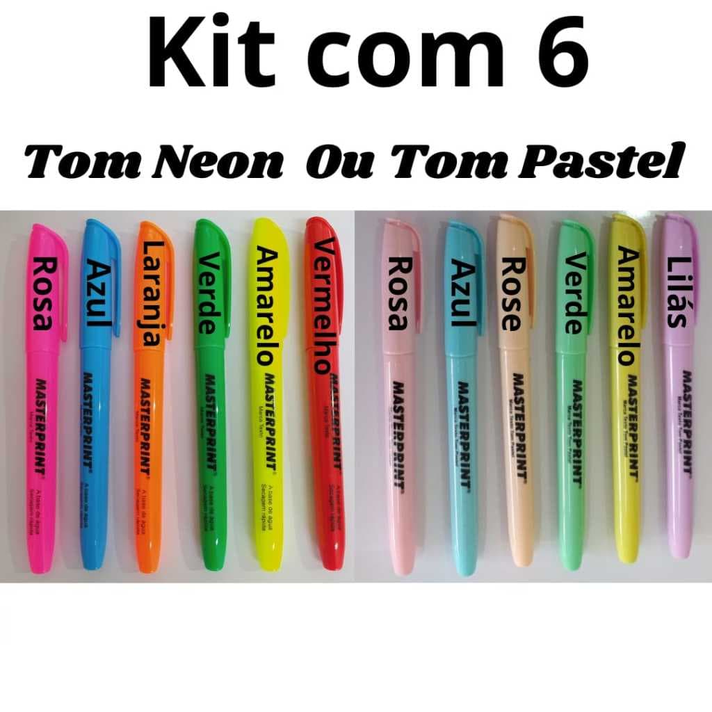 Kit 6 Marca TextoTom Neon ou Pastel 6 Canetas Masterprint