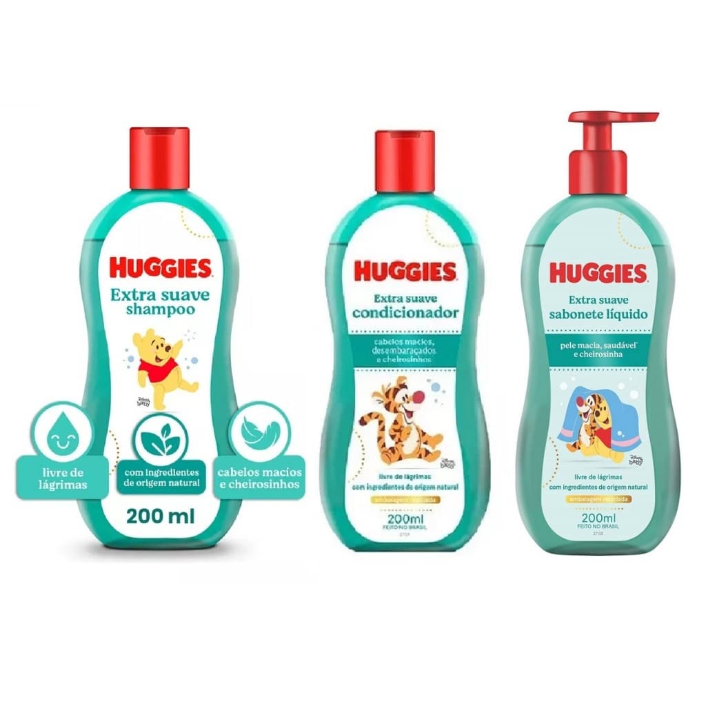 Kit Banho Bebê Huggies Extra Suave – Sabonete Líquido + Shampoo + Condicionador - 03 Produtos