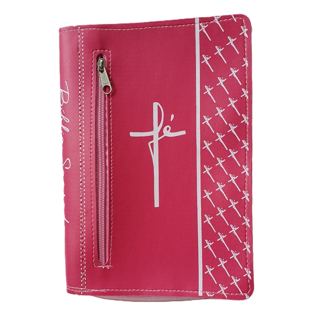 Capa para Bíblia com Zíper e Bolso Externo Cor Rosa Escrito Fé - Número 11 - Protetora para Bíblias Médias