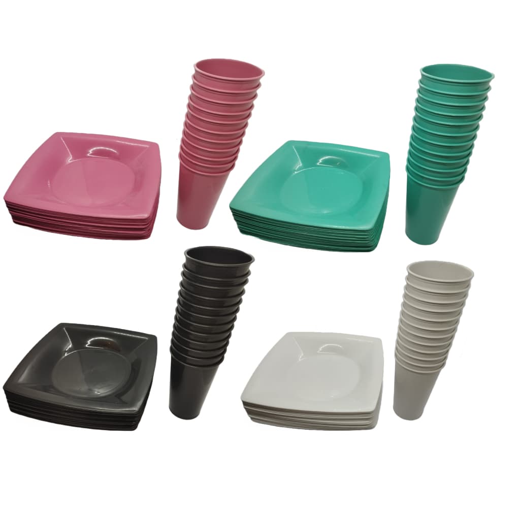 Kit 15 Pratos Quadrados + 15 Copos 300ml Reutilizável - Lanche, Refeições