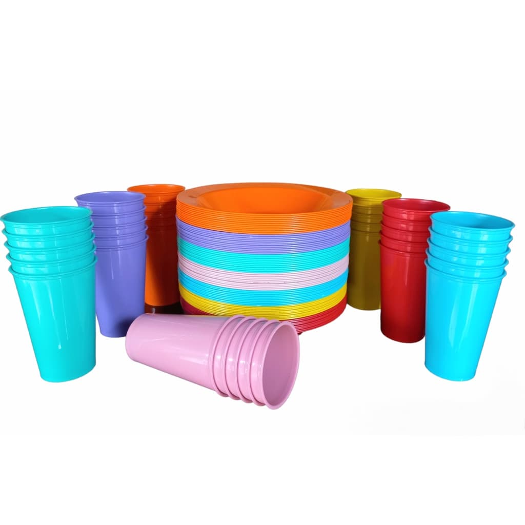 Kit Copos 300ml + Pratos Fundos Redondos de Plástico Festas, Merenda, Crianças