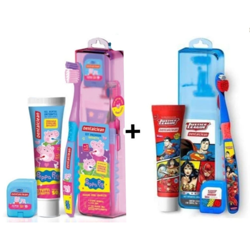 2 Kits Escova de dentes infantil + Fio dental + Gel dental Peppa Pig e Liga da Justiça