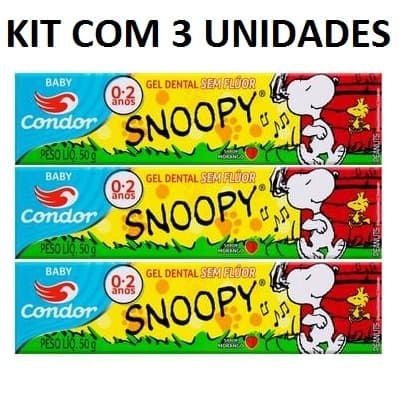 KIT COM 3 Gel Dental Infantil Sem Flúor Snoopy Sabor Morango 50G