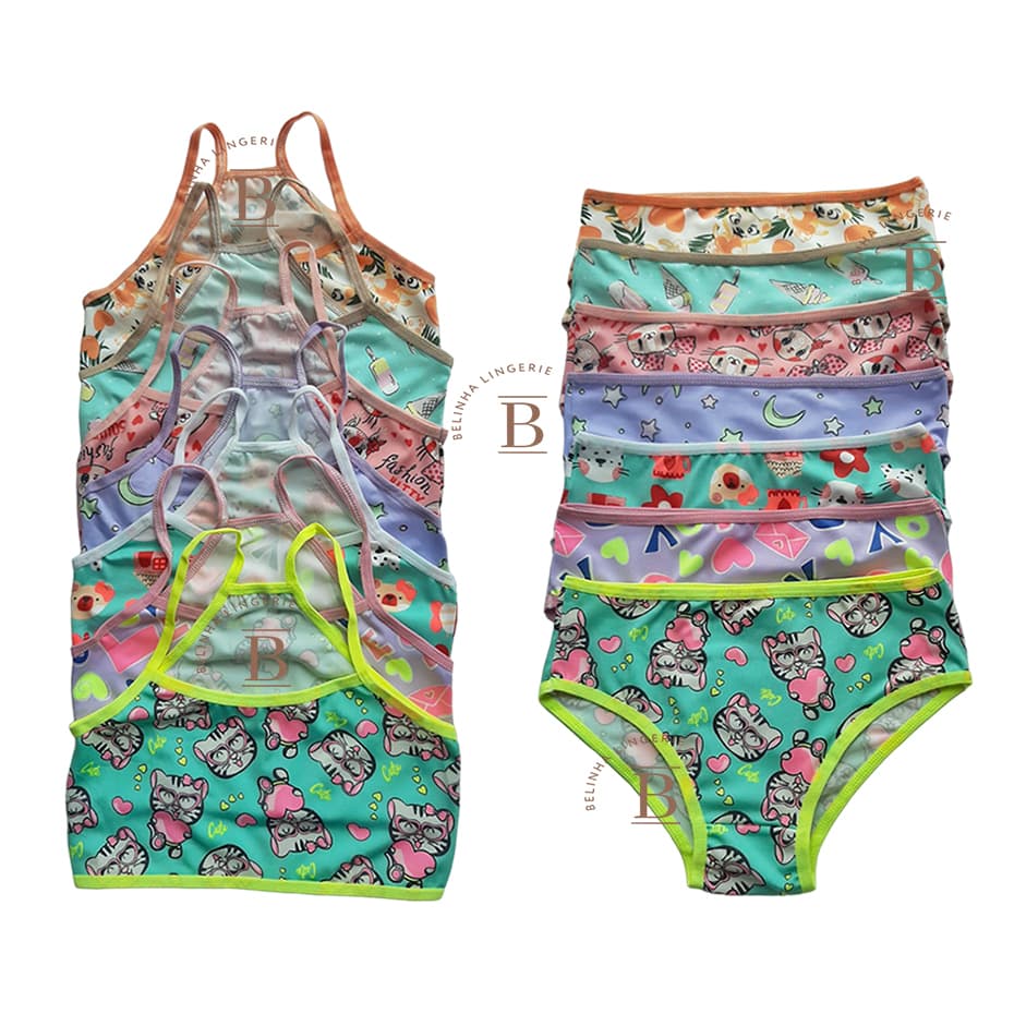 Kit 7  Conjuntos Infantil Estampado Top e Calçinha