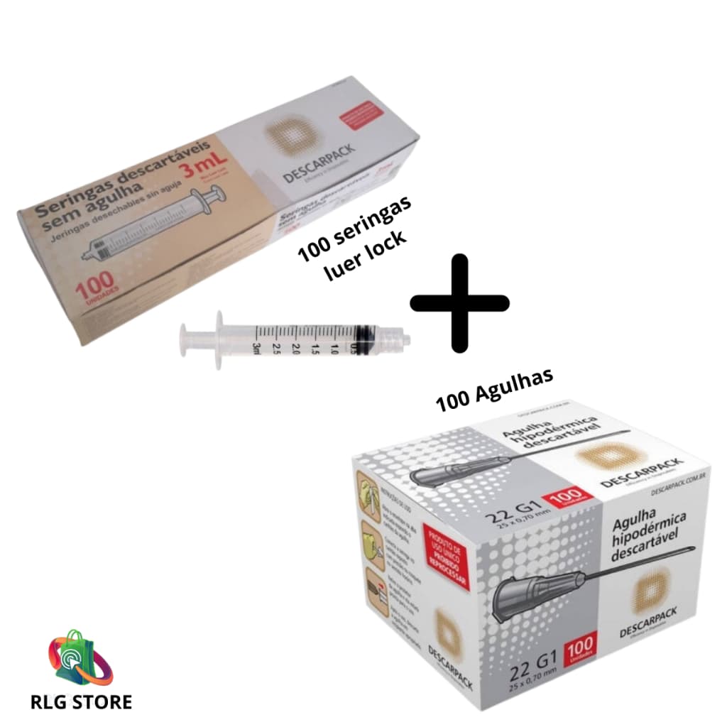 Kit 100 Seringas 3ml Bico Luer lock Descarpack + 100 Agulhas 25x0,7 Descarpack**ENTREGA IMEDIATA**