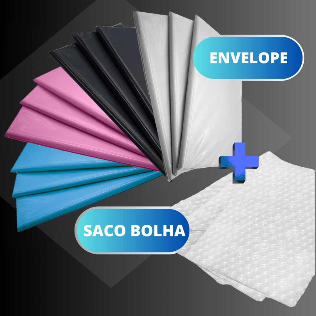 Kit Envelope de Segurança + Saco bolha com 50 unidades embalagem Auto Colante Envios Ecommerce - Diversas Cores e Medidas