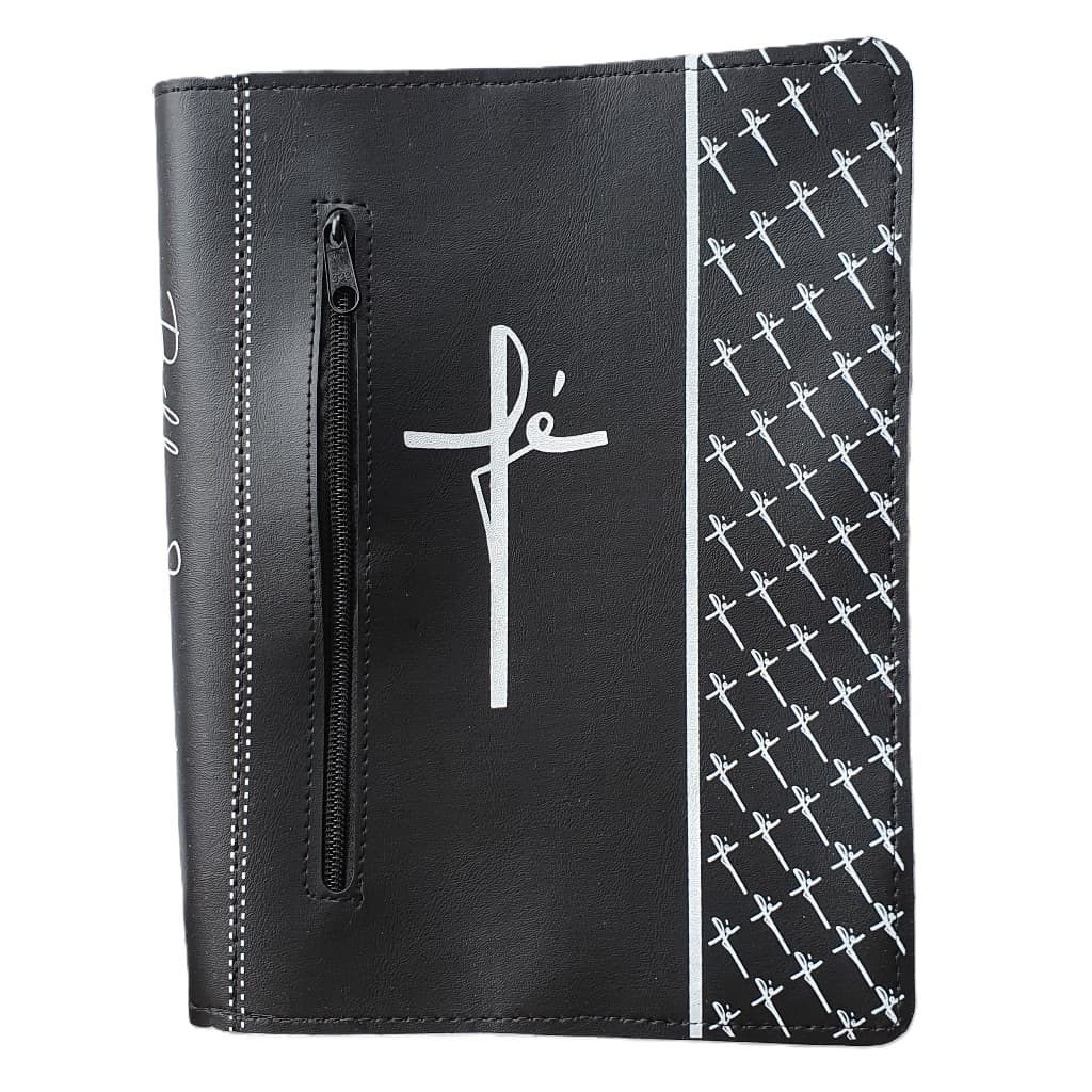 Capa para Bíblia de Estudo Grande C/ Zíper Bolso Externo Cor Preta Escrito Fé - Capa Protetora Bíblias Grandes Número 13