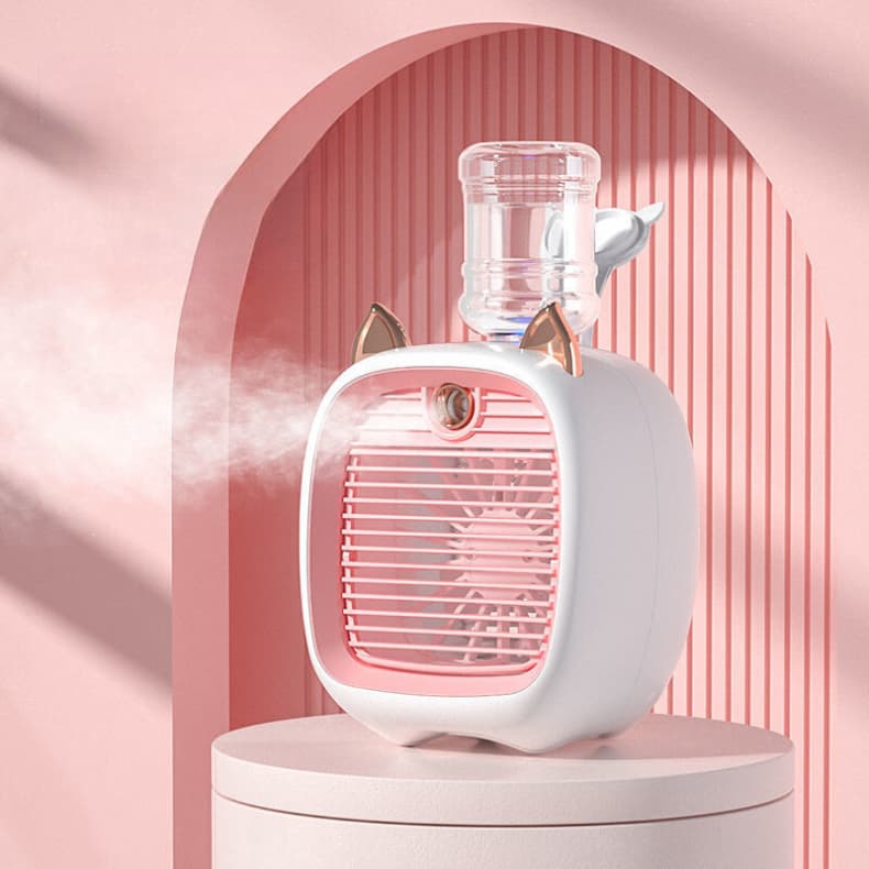 Mini Umidificador e Ventilador Gatinho Recarregável de Mesa Com Função de Refrigeração de Ar