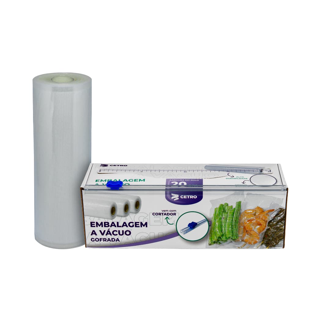 Embalagem a Vácuo 20x500cm Gofrada Transparente em Rolo e Caixa com Cortador