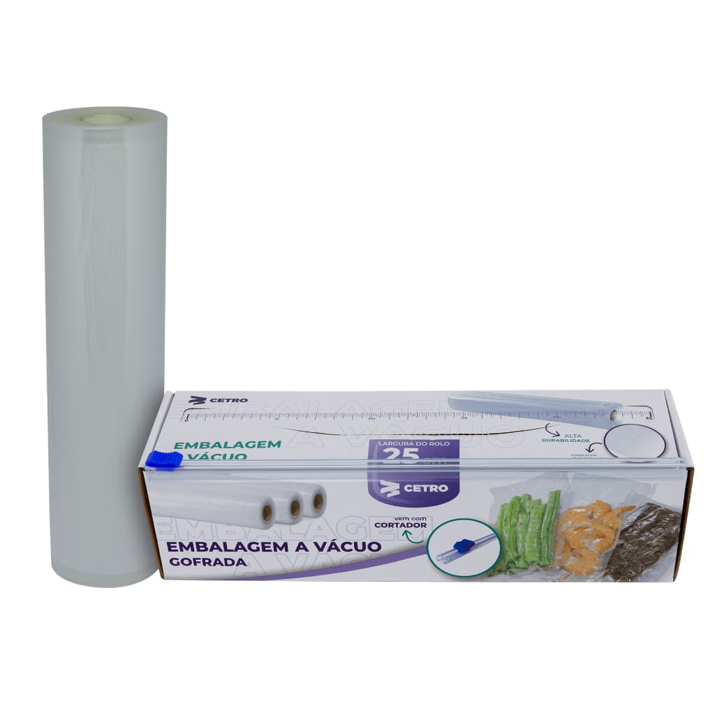 Embalagem a Vácuo 25x500cm Gofrada Transparente em Rolo e Caixa com Cortador