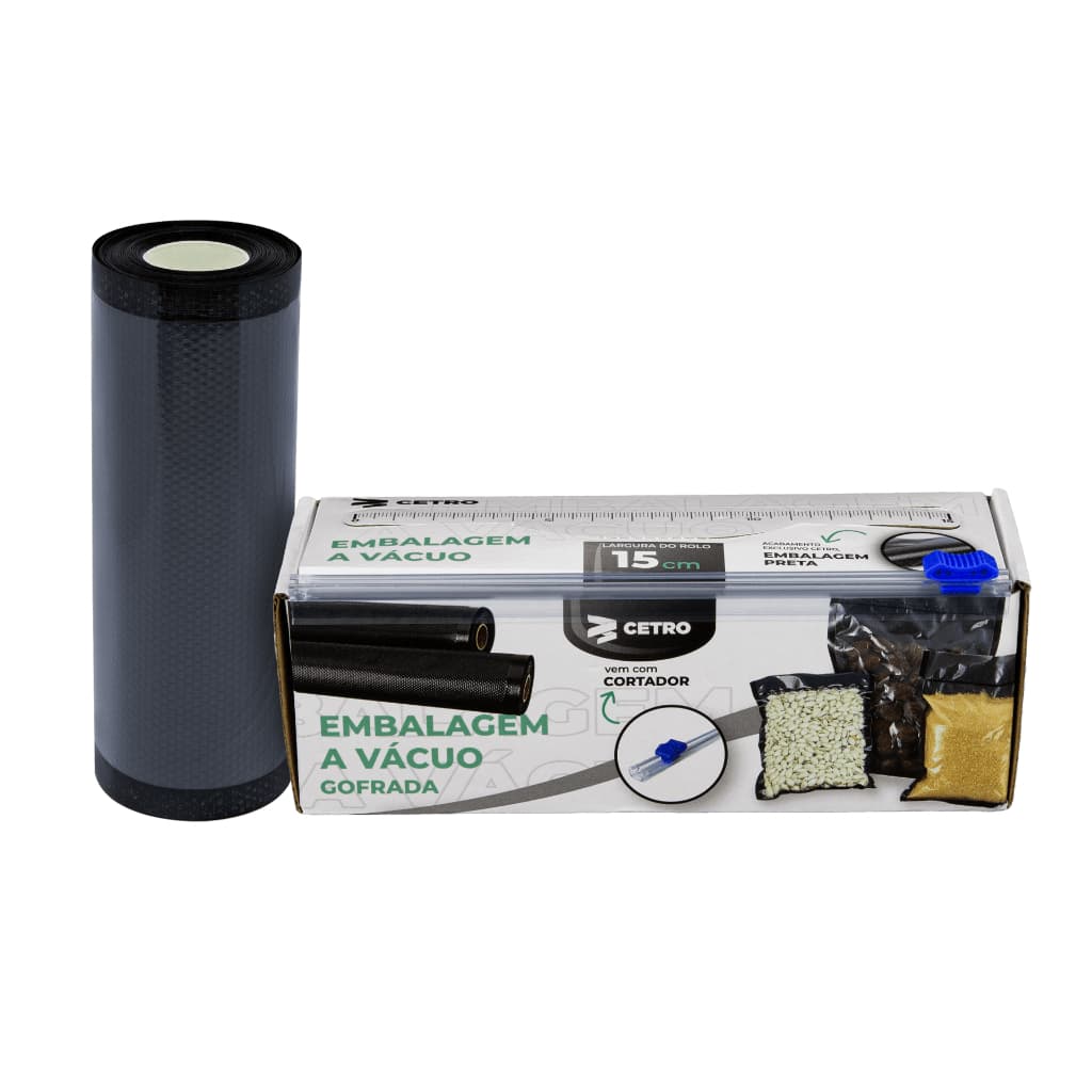 Embalagem a Vácuo 15x500cm Gofrada Preta em Rolo e Caixa com Cortador