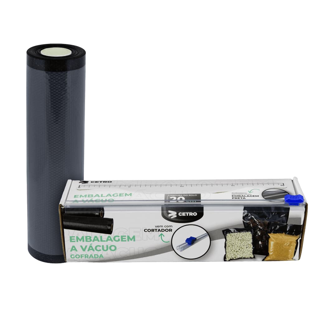 Embalagem a Vácuo 20x500cm Gofrada Preta em Rolo e Caixa com Cortador