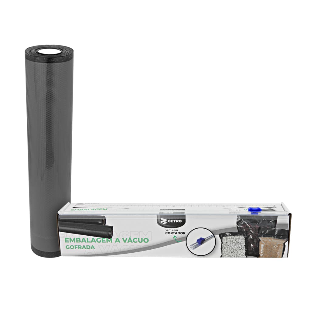 Embalagem a Vácuo 28x500cm Gofrada Preta em Rolo e Caixa com Cortador