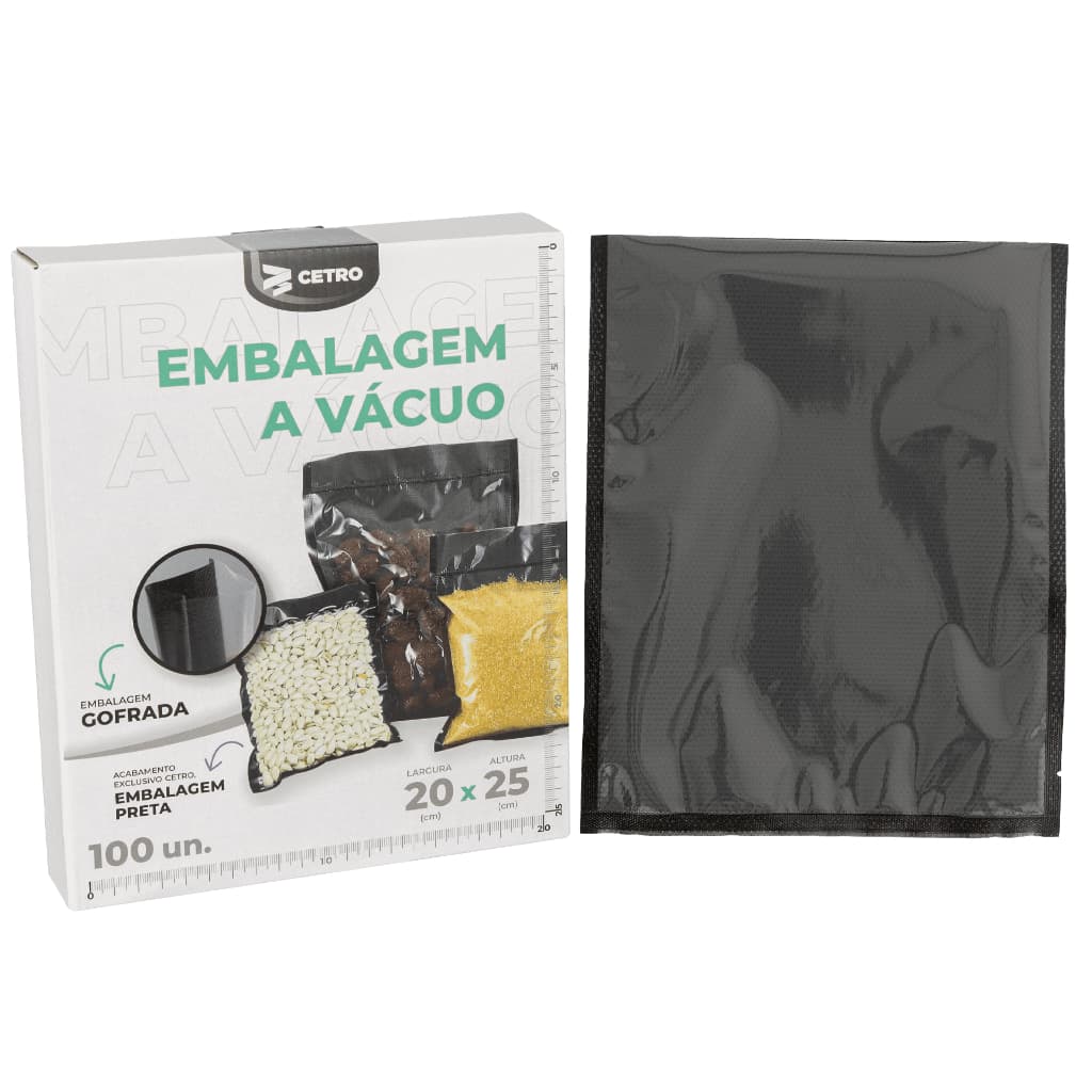 Embalagem a Vácuo 20x25cm - 100 Unidades Gofrada Preta em Sacos Pré-Formados