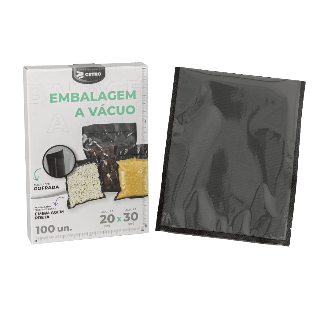 Embalagem a Vácuo 20x30cm - 100 Unidades Gofrada Preta em Sacos Pré-Formados