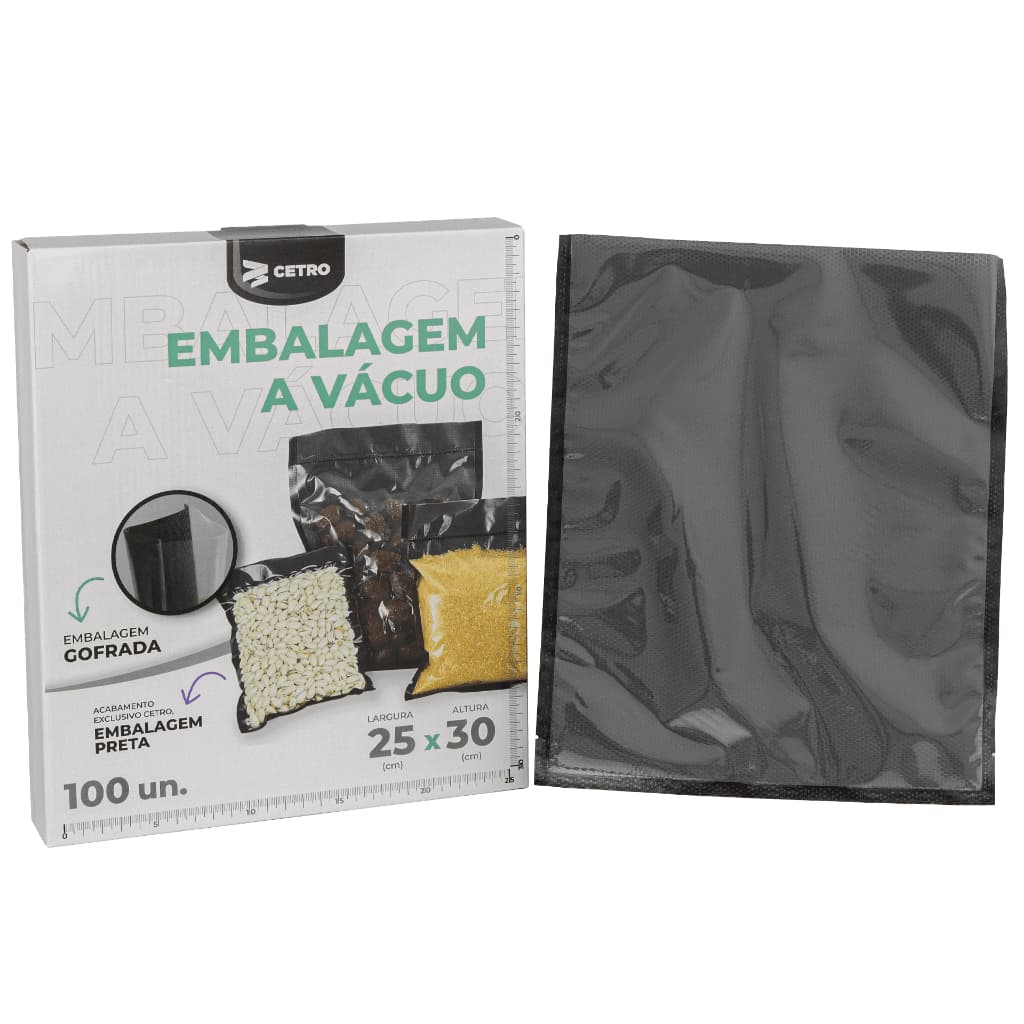 Embalagem a Vácuo 25x30cm - 100 Unidades Gofrada Preta em Sacos Pré-Formados