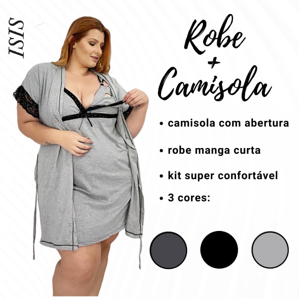 Camisola de Amamentação + Robe de Algodão Plus Size