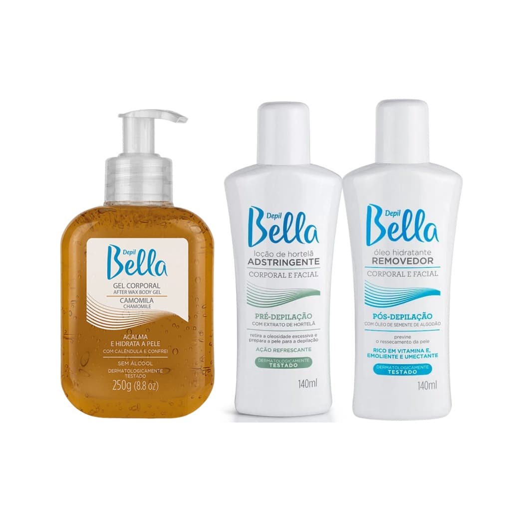 Kit Pré e Pós Depilação GEL l ÓLEO I LOÇÃO Depil Bella Loção Pré - Óleo Pós - Gel Pós Calmante